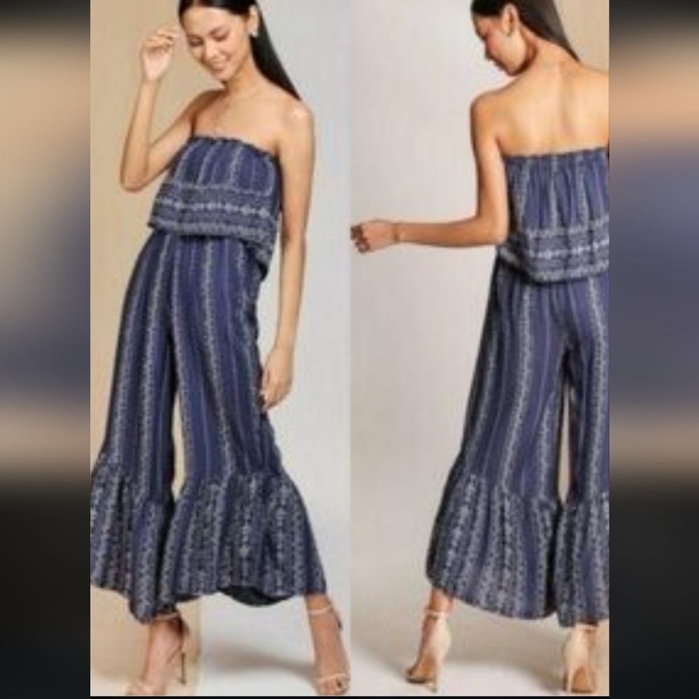 Japna Strapless Blue Patterned Jumpsuit